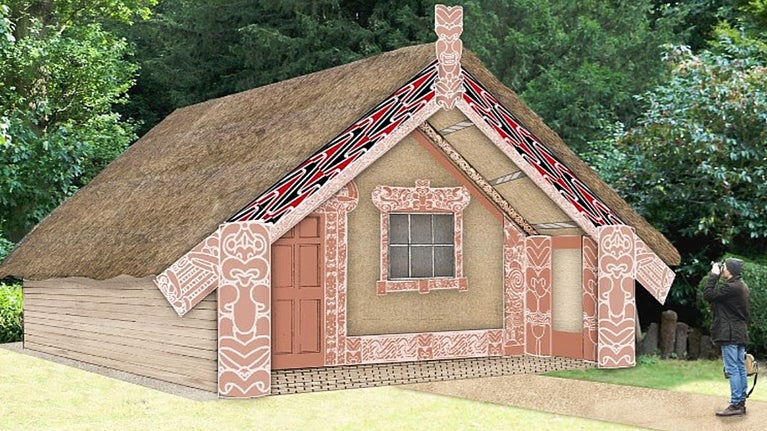 A diagram of a Māori meeting house decorated with whakairo (carvings) set amongst trees at Clandon Park, Surrey